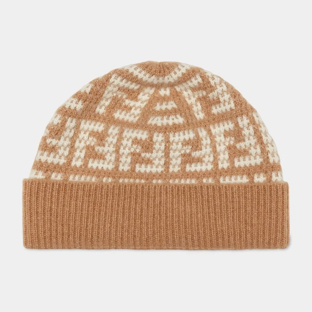 FENDI FF Jacquard Monogram Cashmere Beanie Hat